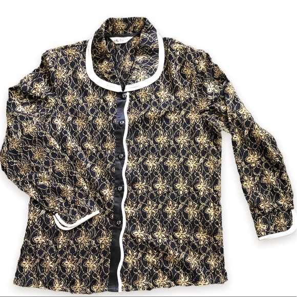 Black and Gold Lace Button Down Blouse - Picture 3 of 7